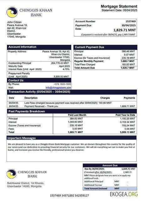 Modèle Word et PDF de relevé hypothécaire de la Mongolie Chinggis Khaan Bank